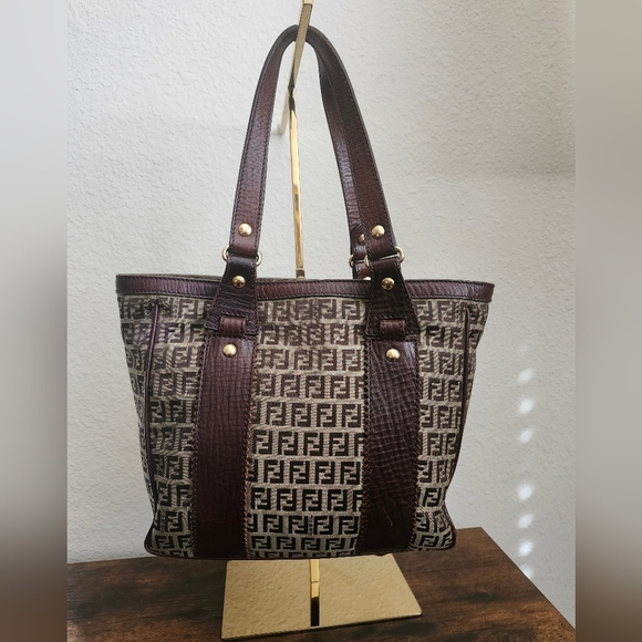 Fendi Brown Zucchino Canvas and Leather Tote - Picture 3 of 14